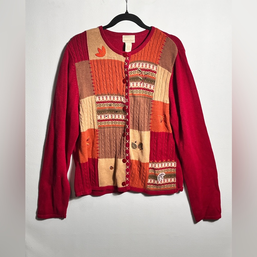 Country Door Vintage Red and Brown Patchwork Fall Cardigan Large